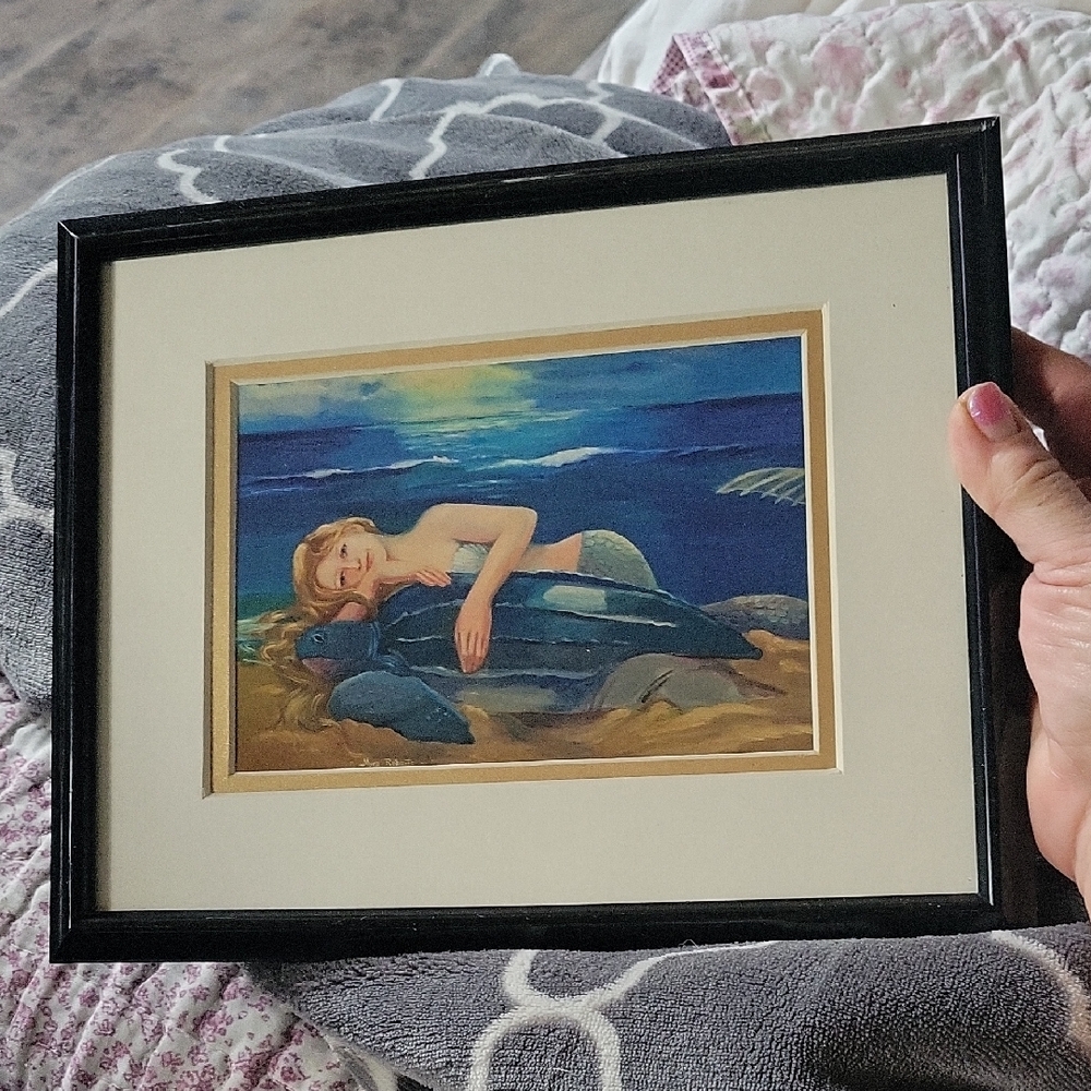 Framed Art Print with Mermaid and Leatherback Turtle,By Myra Roberts